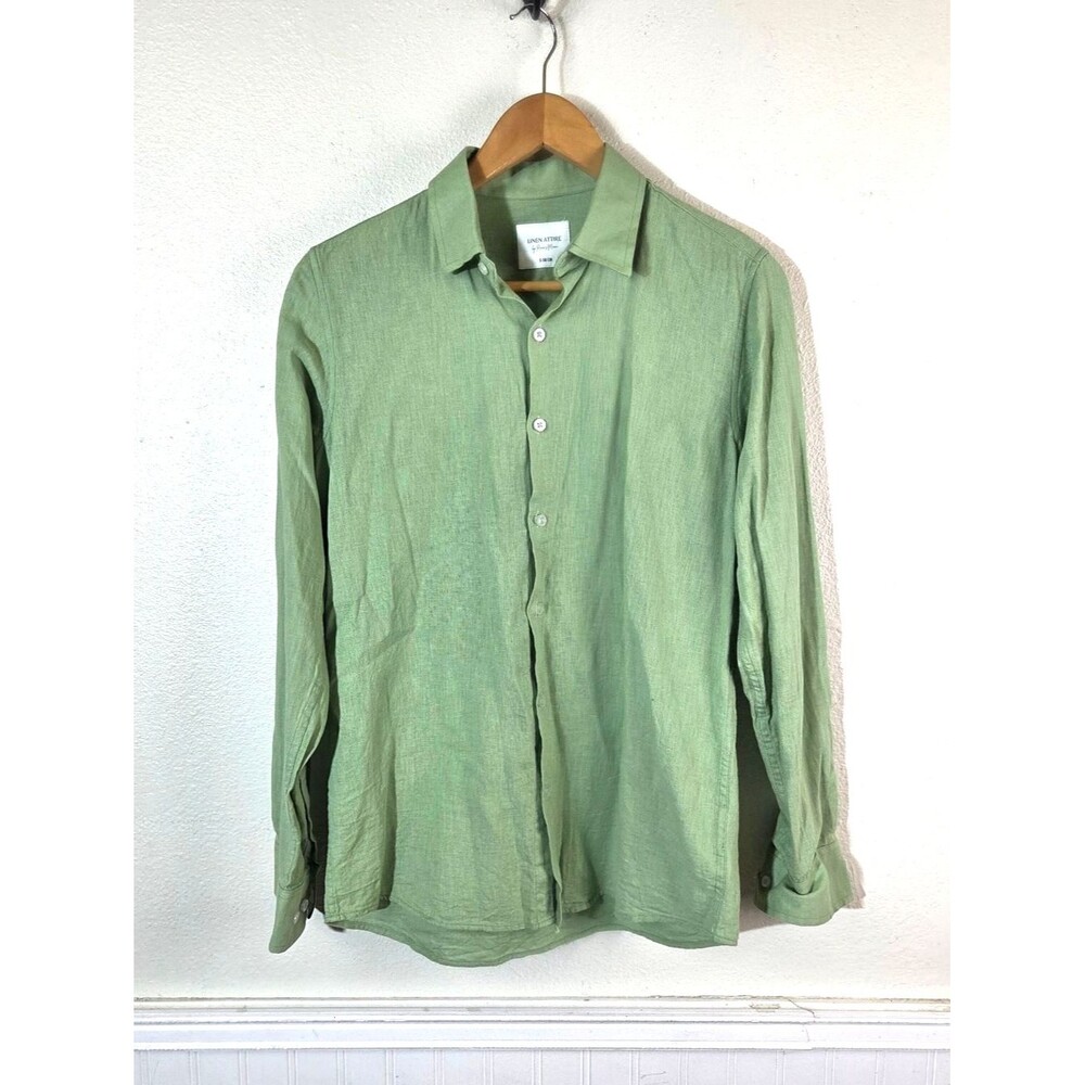 Linen Attire Ranes Miami Mens Green Linen Blend Button Front Shirt Small 38